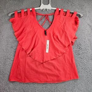 NWT San Joy‎ Top Womens Small Cold Shoulder Semi Sheer Orange S - New